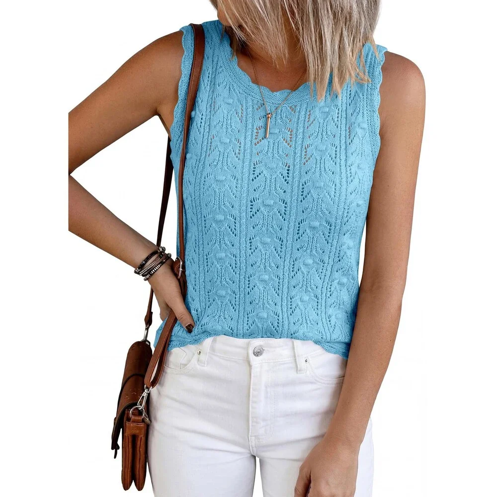 BTFBM Women's Blue Crochet Tops Sleeveless Knit Sweater Vest Tank Top Summer M